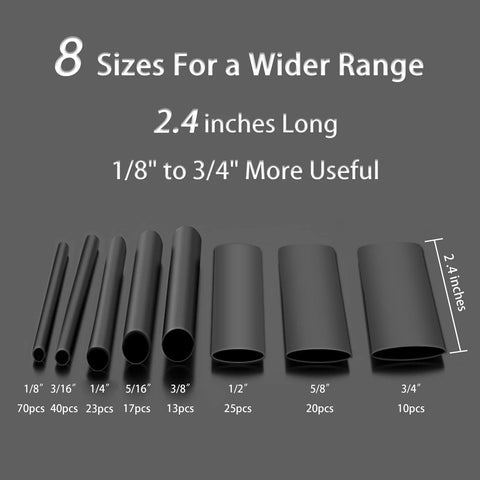 Heat Shrink Tubing Kit With 218 Pieces And Eight Sizes From One Eighth Inch To Three Quarters Inch 2.4 Inch Pre Cut Tubes