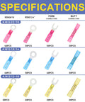Specifications chart showing Marine Grade Heat Shrink Wire Connectors Kit components for 22 to 10 AWG, including ring, fork, and butt splices.