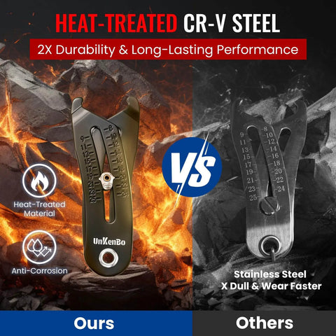 Heat-treated Cr-V steel bolt size finder keychain gauge for bolts and nuts SAE five sixteenth to one inch and metric 8 to 25 mm.