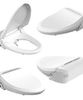 Four views of the USPA Pro Modern Bidet Seat With Heated Seat And Dryer, Warm Water Wash, Remote Control, and Elongated Bowl.