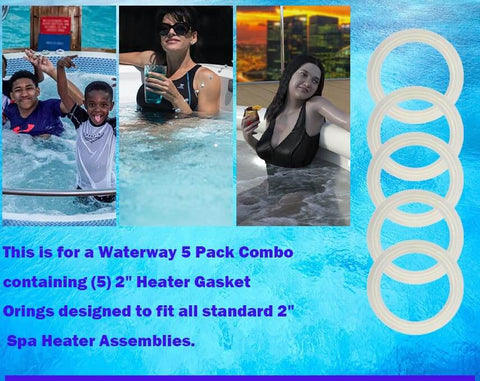 Hot Tub Heater Gasket Replacement O Ring Kit 2 Inch 7114030B Set Of 4 Balboa Gecko Compatible shown with pool scenes and gaskets