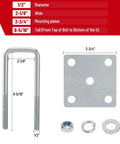 Heavy-duty 1/2 inch U bolts, 6 5/16 inch long, designed for 2x3 boat trailer axles in side view with mounting plate and washers