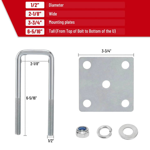 Heavy-duty 1/2 inch U bolts, 6 5/16 inch long, designed for 2x3 boat trailer axles in side view with mounting plate and washers
