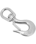 Close-up of 1.3in stainless steel rotating clevis slip hook with safety latch, AISI 304 marine-grade steel