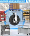 10 inch pneumatic caster set of 4 with 2 swivel and 2 rigid casters shown on industrial carts and trolleys in a warehouse setting.