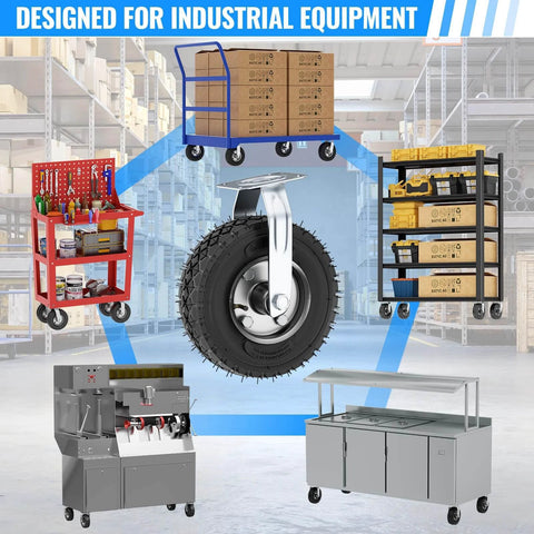 10 inch pneumatic caster set of 4 with 2 swivel and 2 rigid casters shown on industrial carts and trolleys in a warehouse setting.