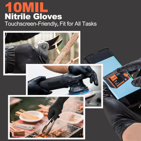 Heavy Duty Nitrile Gloves 10 Mil Black With Diamond Grip Chemical Resistant used for cutting, buffing, grilling, and phone use