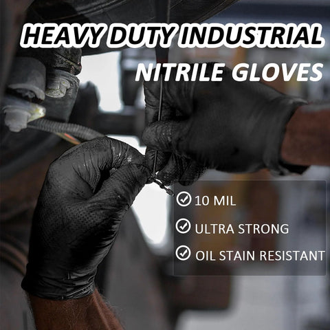 Hands wearing Nitrile Gloves 10 Mil Thick With Diamond Texture Puncture Resistant Powder Free working on automotive wires