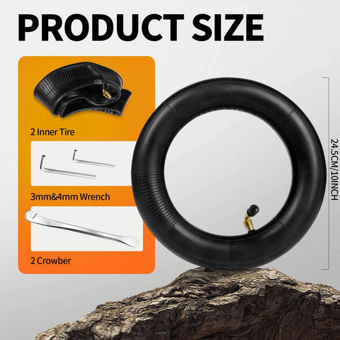 Heavy Duty 10x2.50 Inner Tube (2-Pack) for Electric Scooters with tools shown; includes wrenches and crowbar for installation.