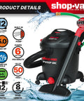 Heavy Duty 12 Gallon Wet Dry Vacuum With Built In Water Pump 5.0 Peak HP 2.5 Inch Diameter 8 Foot Hose 12 Foot Cord Black in use