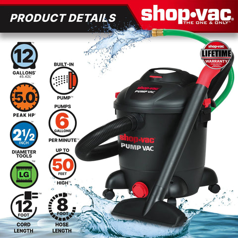Heavy Duty 12 Gallon Wet Dry Vacuum With Built In Water Pump 5.0 Peak HP 2.5 Inch Diameter 8 Foot Hose 12 Foot Cord Black in use