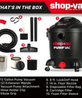 Heavy Duty 12 Gallon Wet Dry Vacuum With Built In Water Pump 5.0 Peak HP 2.5 Inch Hose, box contents displayed, including vacuum and accessories.