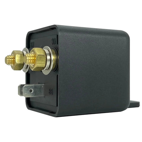 Side view of Beefy 120A 12V Continuous Duty SPST 4 Pin High Power Automotive Relay For Heavy Load Split Charging Systems Ideal For Trucks RVs Boats And Marine Electrical Upgrades, showing terminals.