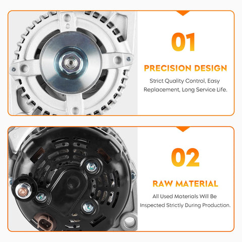New Beefed Up Heavy Duty 12V Alternator For Ram 1500 2002 2003 5.9L And Ram 2500 3500 2002 5.9L 8.0L Durango 2001-2003 5.9L 136A Replacement With 56029701AA 421000-0111 421000-0113 showing front and back design