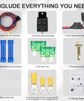 Heavy Duty 12V Fuel Pump Relay Kit With 60 Amp Waterproof Relay, Bypass Switch, Long Wiring Harness, and accessories displayed