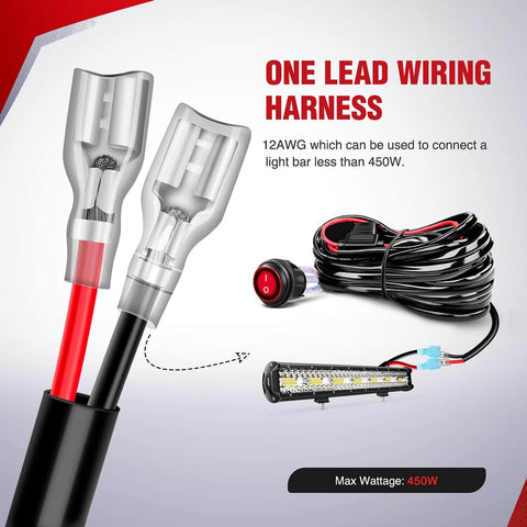 Heavy Duty 12V Off Road LED Light Bar Wiring Harness Kit With 10 Foot Harness, 12AWG Wire, Extendable Relay To Switch visible