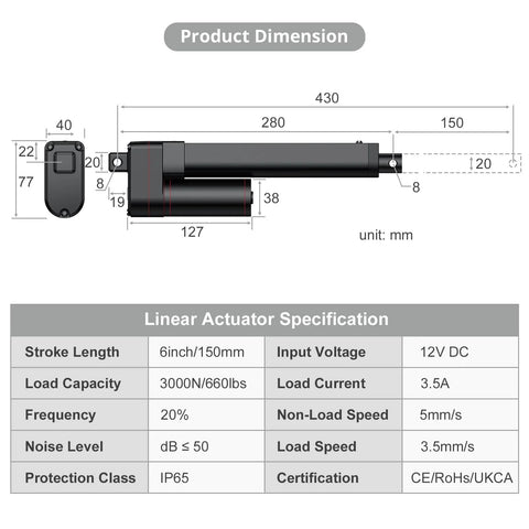 Dimensions and specifications of Heavy Duty 12V Linear Actuator 660 LBS 3000 N With 6 Inch Stroke 150mm Silent Operation IP65 Rated