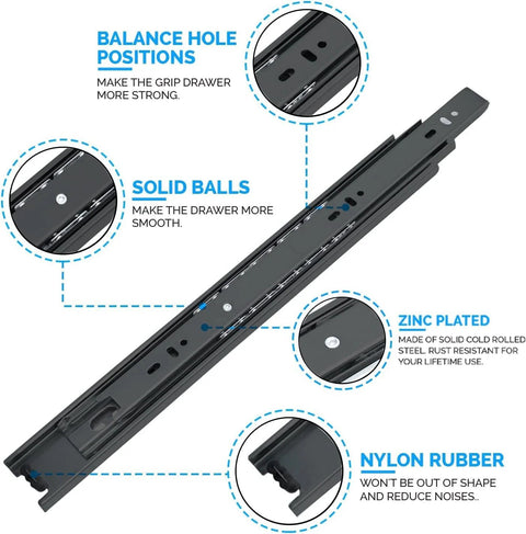 2 Pack 16 Inch Drawer Slides Side Mount Rails Heavy Duty Full Extension Ball Bearing Draw Slides with balance holes and zinc plating
