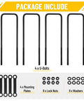 Complete 16 inch square bend U bolts kit in heavy duty steel with 6 inch tie plates, includes 4 U bolts, 4 tie plates, 8 washers and 8 lock nuts for medium truck chassis; secure, reliable mounting, verify frame length.