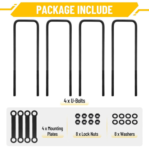 Complete 16 inch square bend U bolts kit in heavy duty steel with 6 inch tie plates, includes 4 U bolts, 4 tie plates, 8 washers and 8 lock nuts for medium truck chassis; secure, reliable mounting, verify frame length.