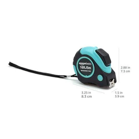 Heavy Duty Tape Measure - 16 ft / 192 in, Turquoise, with dimensions and impact-resistant case.