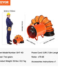 Heavy Duty 16 Inch Utility Blower Fan With Two Speeds Delivers Beastly 5175 CFM At High And 4475 CFM At Low Portable Industrial Exhaust Ventilator With 33 Feet Duct Hose For Basements Warehouses And Workshops next to a person for scale, demonstrating size and utility.