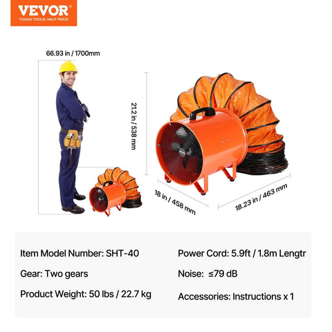 Heavy Duty 16 Inch Utility Blower Fan With Two Speeds Delivers Beastly 5175 CFM At High And 4475 CFM At Low Portable Industrial Exhaust Ventilator With 33 Feet Duct Hose For Basements Warehouses And Workshops next to a person for scale, demonstrating size and utility.