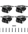 Heavy Duty Plate Caster Set 1 Inch Four Low Profile Nylon Double Wheel Casters With 1100 Lb Total Capacity Quiet Rolling For Bed Frame Workbench Furniture And Industrial Use Black Durable Design For Long Lasting Performance, showing four casters and screws.