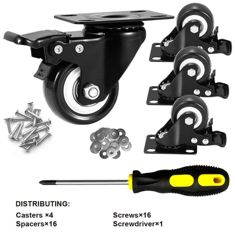 2" Caster Wheels Set of 4, Heavy Duty with Brake - Locking Polyurethane (PU) No Noise Swivel Plate Casters, Pack of 4.