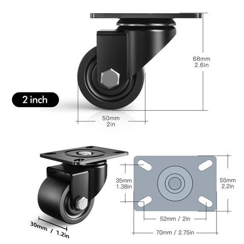 2 Inch Heavy Duty Caster Wheels Set Of 4 With Load Capacity 2200 Lbs Low Center Of Gravity Industrial Swivel Plate Casters dimensions