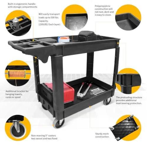Heavy Duty 2 Shelf Service Cart MaxWorks 80855 With 500 Lb Capacity Polypropylene Utility Cart For Garage And Workshop with Deep Trays