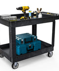 Heavy Duty 2 Shelf Plastic Utility Service Cart On Wheels With 550 Lb Capacity And 45 X 25 Inch Size Rugged Rolling Work Cart For Warehouse Garage School And Office Corrosion Resistant And Built Tough Black with tools and supplies