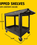 Heavy Duty 2 Shelf Utility Cart With Lipped Shelves And Ergonomic Handle, 500 Lb Capacity, Black Rolling Service Cart For Warehouse Garage Cleaning And Manufacturing Rubbermaid showing side view with size dimensions