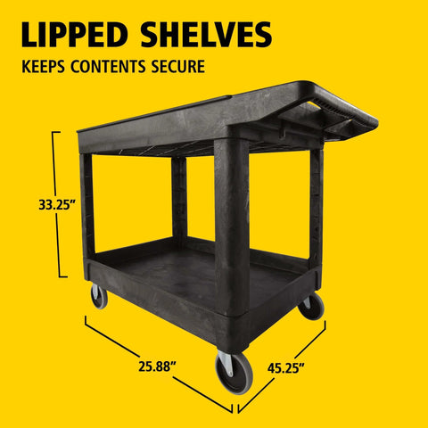 Heavy Duty 2 Shelf Utility Cart With Lipped Shelves And Ergonomic Handle, 500 Lb Capacity, Black Rolling Service Cart For Warehouse Garage Cleaning And Manufacturing Rubbermaid showing side view with size dimensions
