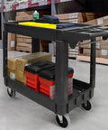 Heavy Duty 2 Shelf Service Cart MaxWorks 80855 With 500 Lb Capacity Polypropylene Utility Cart holding boxes and tools