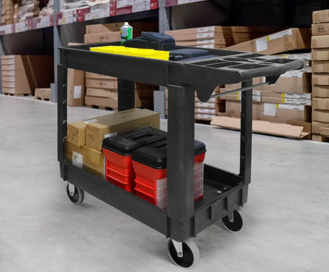 Heavy Duty 2 Shelf Service Cart MaxWorks 80855 With 500 Lb Capacity Polypropylene Utility Cart holding boxes and tools