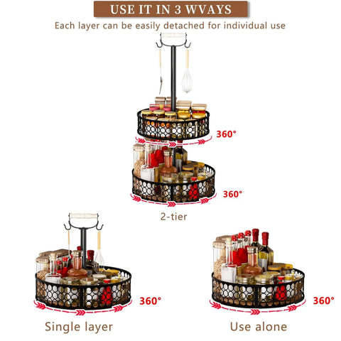 Heavy Duty 2 Tier Lazy Susan Organizer showcasing detachable metal rotating spice rack with wood panels, 3 in 1 design.