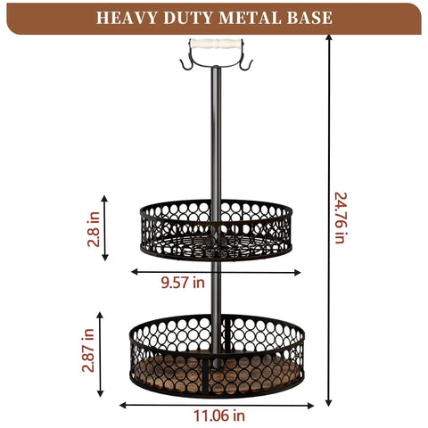 Heavy Duty 2 Tier Lazy Susan Organizer, Detachable Metal Rotating Spice Rack with Wood Panels, smooth 360 rotation size details