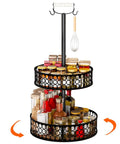 Heavy Duty 2 Tier Lazy Susan Organizer, Detachable Metal Rotating Spice Rack with Wood Panels, holding various spices and bottles
