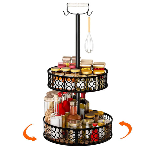 Heavy Duty 2 Tier Lazy Susan Organizer, Detachable Metal Rotating Spice Rack with Wood Panels, holding various spices and bottles