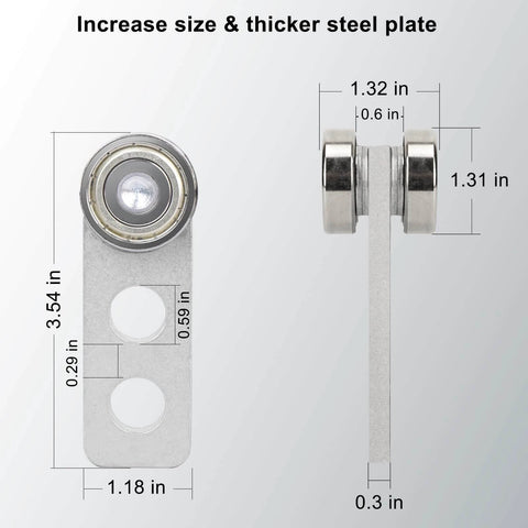 Front and side view of 2 Pack Heavy Duty Trolley Assembly with 2 Wheel Steel Rollers for 1-5/8 Inch Strut Channel showing dimensions