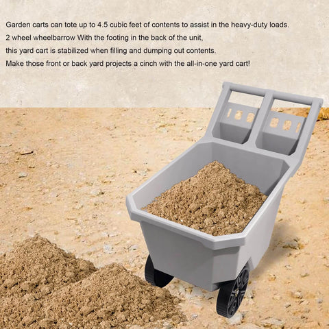 2 Wheel Wheelbarrow 300 LB Capacity Heavy Duty Yard Cart with 9 Inch Solid Tires Push Pull Design shown on gravel with soil inside