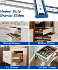Soft Close Ball Bearing Drawer Slides 22 Inch Five Pairs Three Section Full Extension Heavy Duty Steel Side Mount Rails for Kitchen Cabinets, Tool Chests, and Office Furniture Up to 100 Lbs shown in various uses.