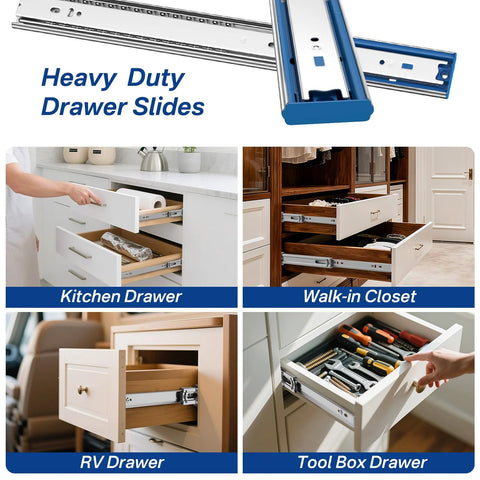 Soft Close Ball Bearing Drawer Slides 22 Inch Five Pairs Three Section Full Extension Heavy Duty Steel Side Mount Rails for Kitchen Cabinets, Tool Chests, and Office Furniture Up to 100 Lbs shown in various uses.