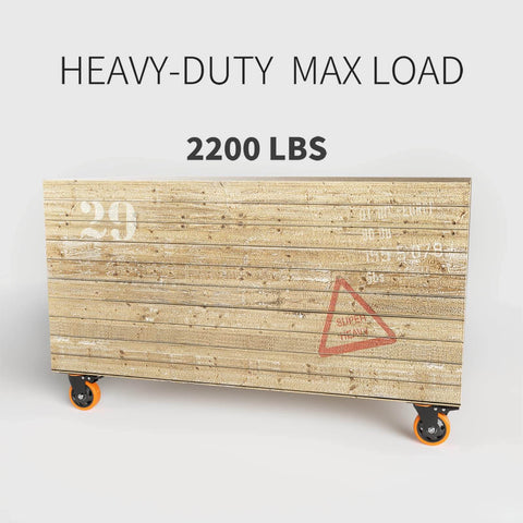 5 Inch Heavy Duty Swivel Caster Wheels Set of 4 with locking brakes supporting a heavy-duty wood workbench, max load 2200 lbs.