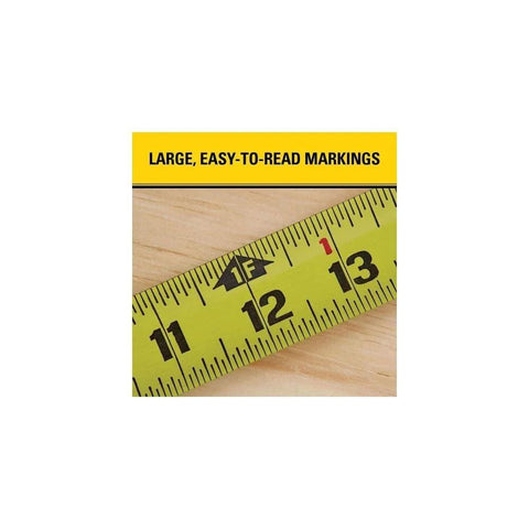 Close-up of Heavy Duty Tape Measure, 25-Foot (33-725) showing large, easy-to-read markings at the 12-foot mark on wooden surface.