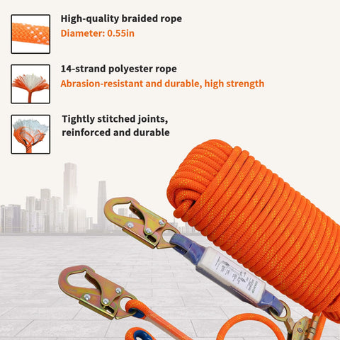 Rock Solid Heavy Duty Fall Protection Rope Kit 25 Ft With Durable Braided Polyester Line Vertical Roofing Grab Snap Hook And Shock Absorber Restraint System For Safe Roofing Work Wear Resistant And Easy To Install