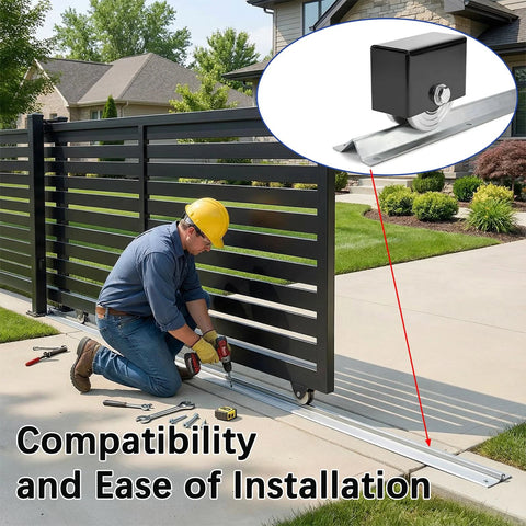 Worker installing Heavy Duty Extra Wide 3.5 Inch V Track For Sliding Gates With Universal Fit For 4 Inch And 6 Inch V Groove Wheels