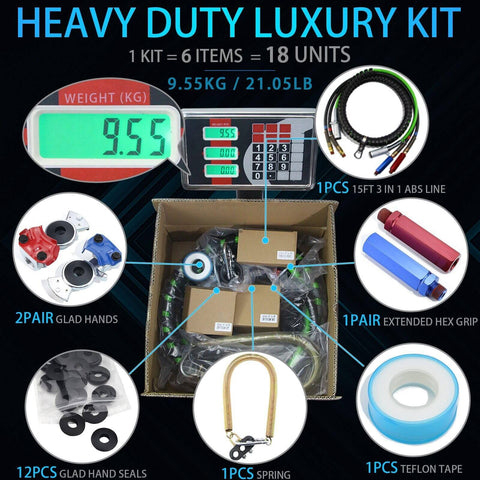 Three In One Air Hose Kit For Semi Trucks Fifteen Foot Long With ABS Power Airlines Hose Wrap Ready To Install For Tractor Trailers Includes Two Glad Hands One Grip One Spring Twelve Seals And A Seven Way Electrical Cable Plus Teflon Tape.
