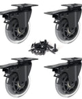 3 Inch Plate Caster Set Of 4 With Brake Dual Locking Heavy Duty Top Plate Industrial Swivel Casters Load Capacity 600 Lbs Ideal For Cart And Trolley Applications Safe Mobility And Easy Positioning, front view with screws